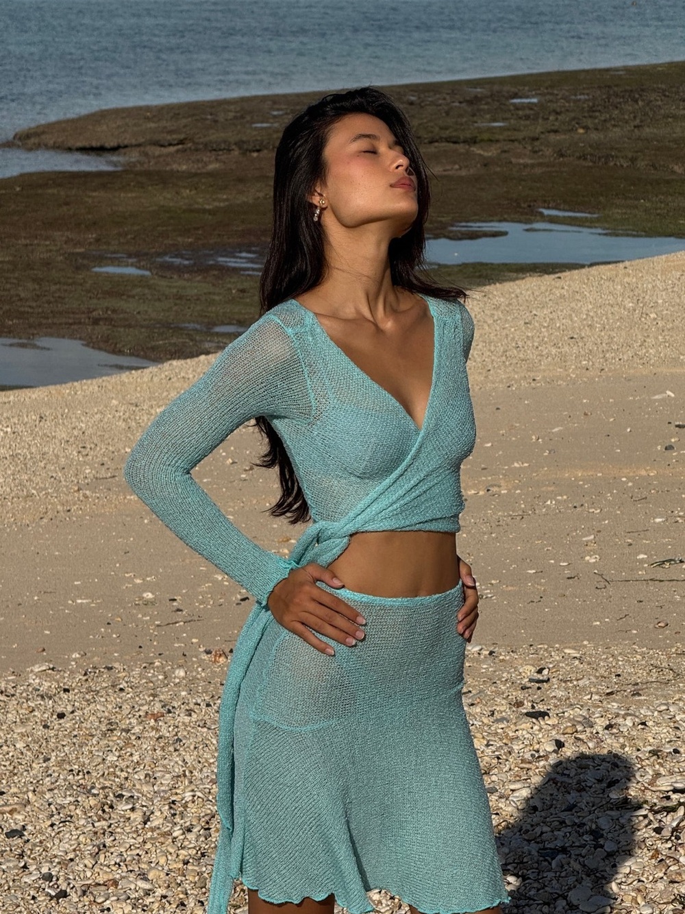 Indah Aqua Wrap Midi Skirt Set - Light Teal